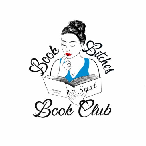 Illustration of a woman with red lipstick in a blue dress, reading a book titled "Smut." Bold text reads "Book Bitches Book Club." Playful and bold tone.